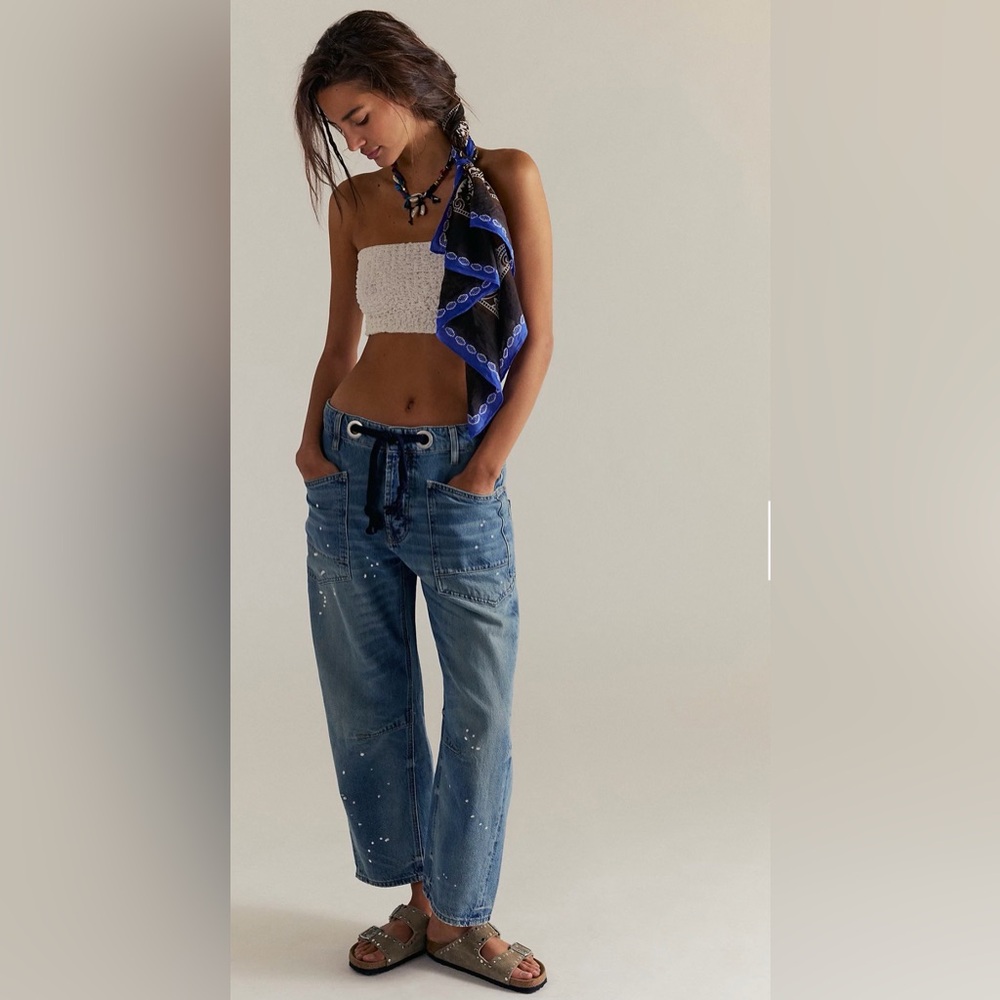 Free People Distressed Moxie Pull-On Barrel Jeans